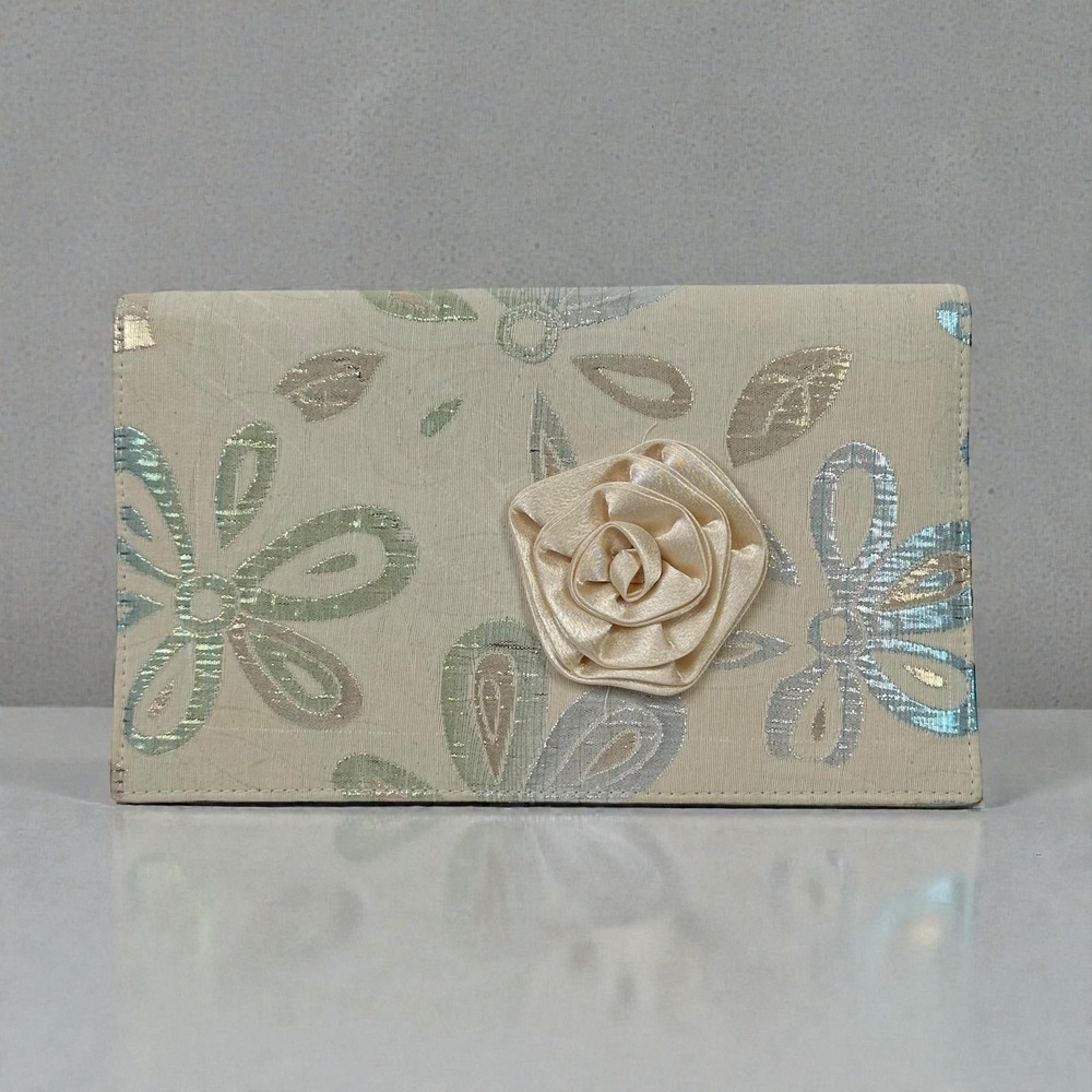 VTG Floral Brocade Clutch Purse Womens Cream Pastel Rose Wedding Evening Bag